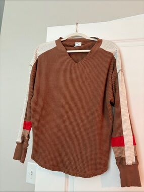 aerie Brown Waffle-Knit V-Neck Sweater with Cream Shoulders & Red Sleeve Stripes